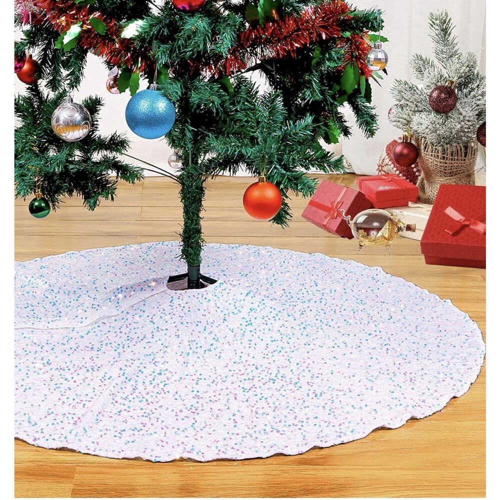 Christmas Tree Skirt 48 Inch Round with Sequins and Velvet Iridescent White